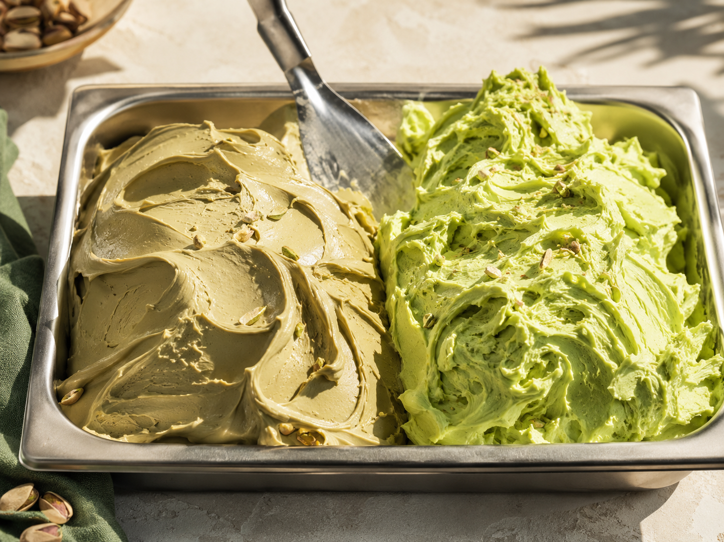 Real pistachio gelato compared with artificial-looking gelato